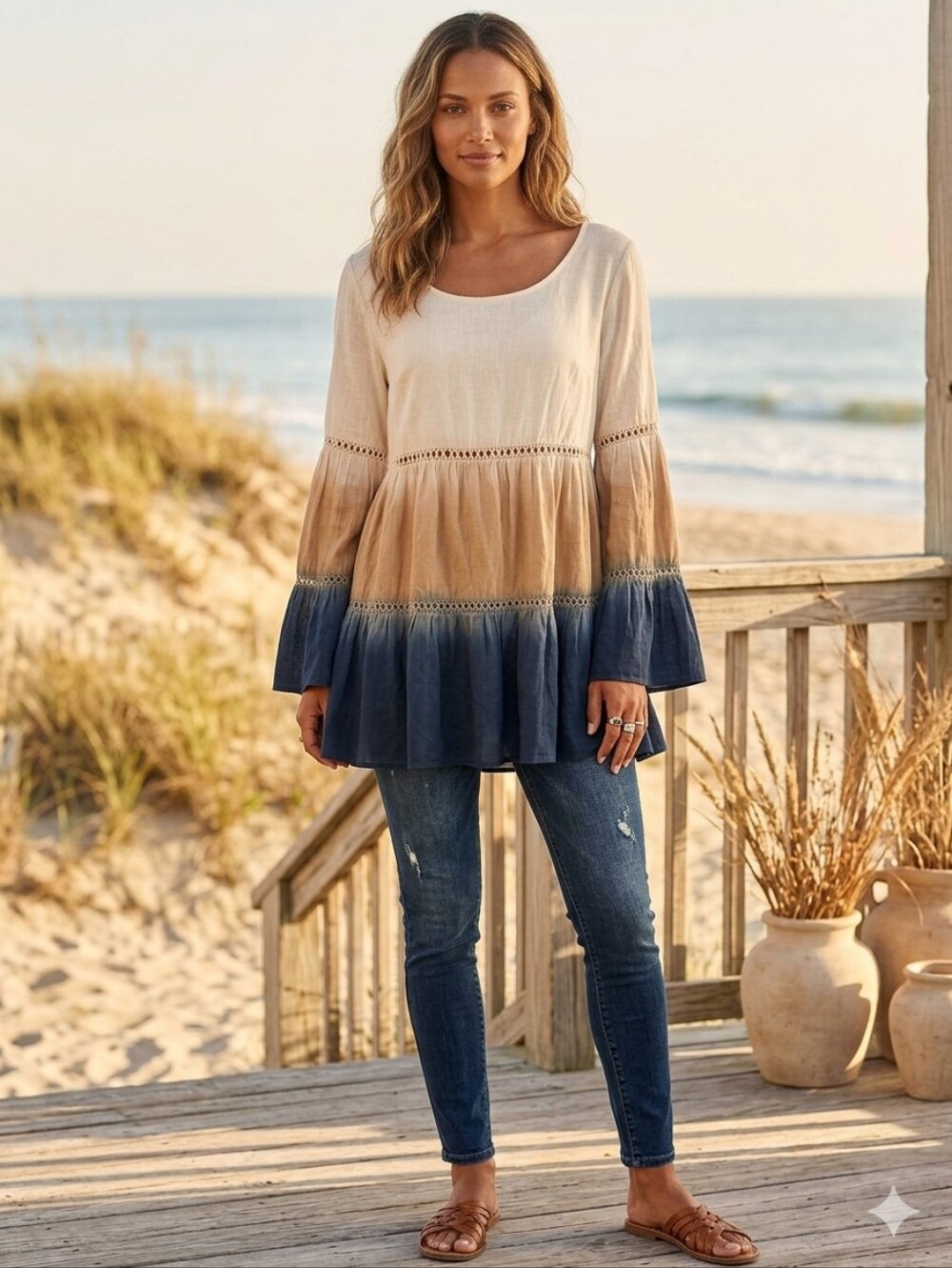 Entro Bohemian Tiered Long Sleeve Ombre Tunic